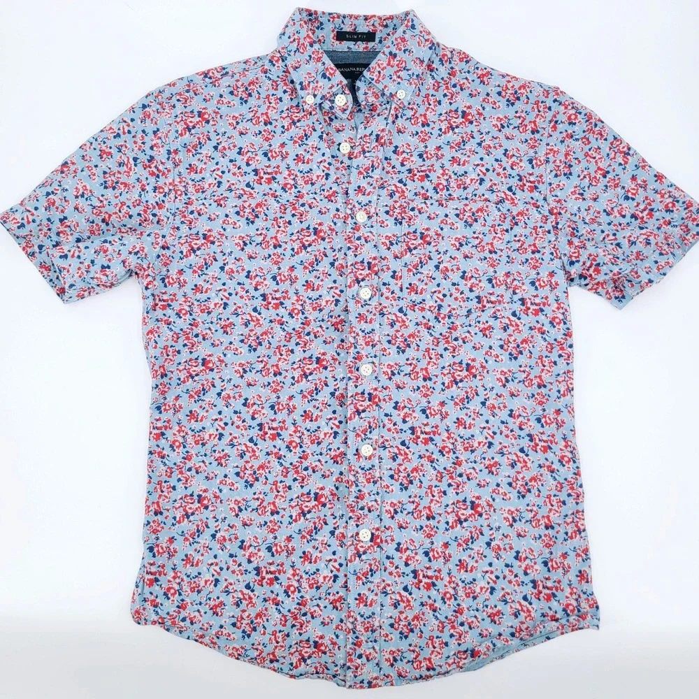 Banana Republic Slim Fit Floral Button Down Short Sleeve Shirt Men's XS Blue Red